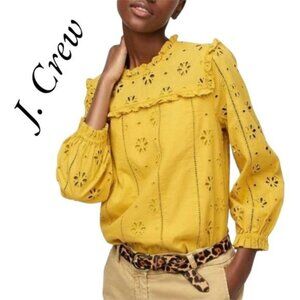 J Crew Ruffle Neck Long Sleeve Eyelet Top
